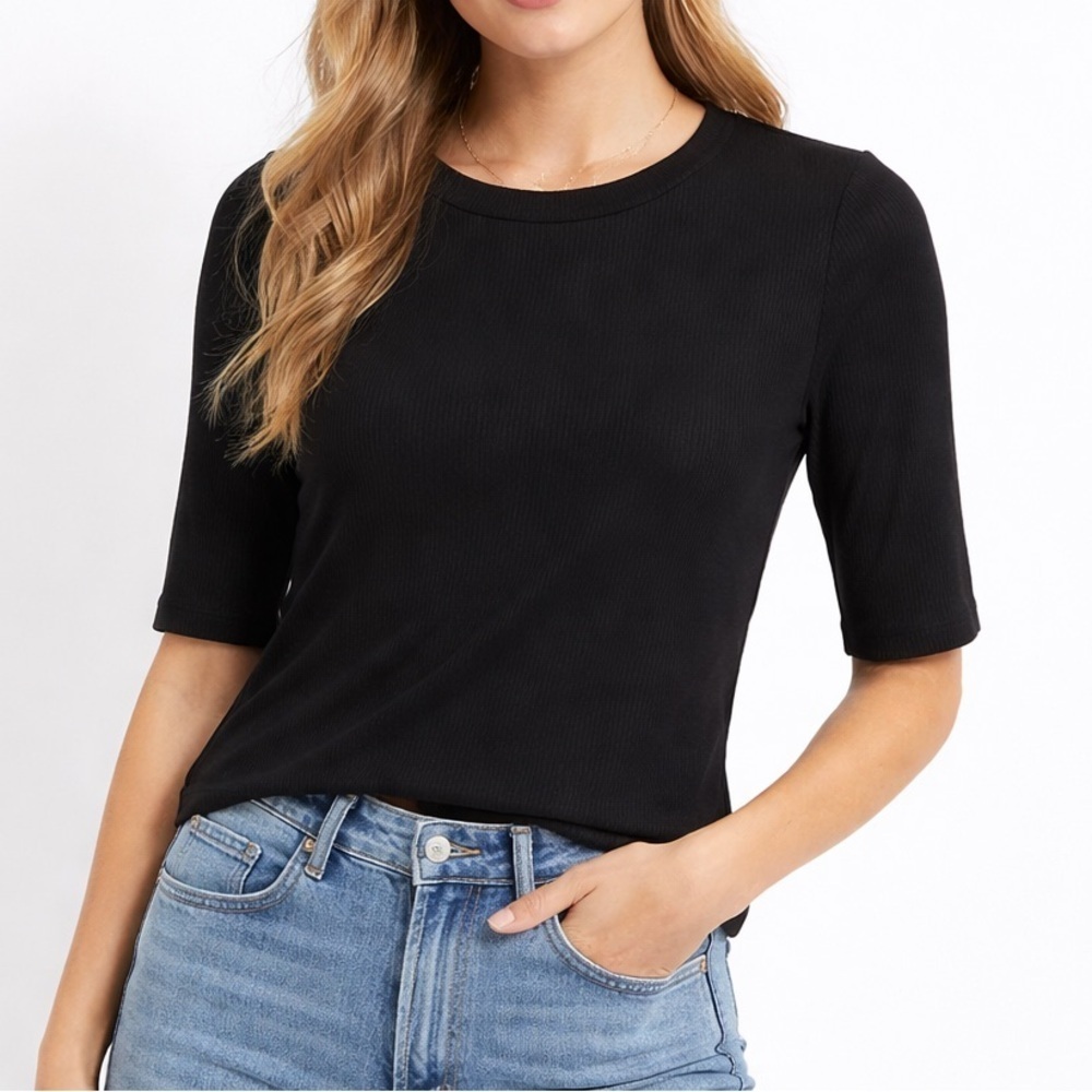 Soma Body Rib Crew Neck 3/4 Sleeve Tee w/ Interior Bra Black Size M